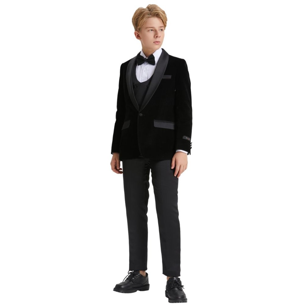 5pc Boys Tuxedo Black Velvet Includes Dress Shirt and Bowtie by Tazzio - Picture 3 of 4
